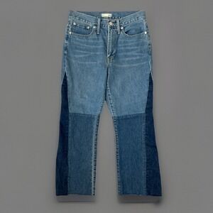 Madewell ISKO High Rise Straight‎ Leg Colorblock Jeans Raw Hem patchwork Sz 26